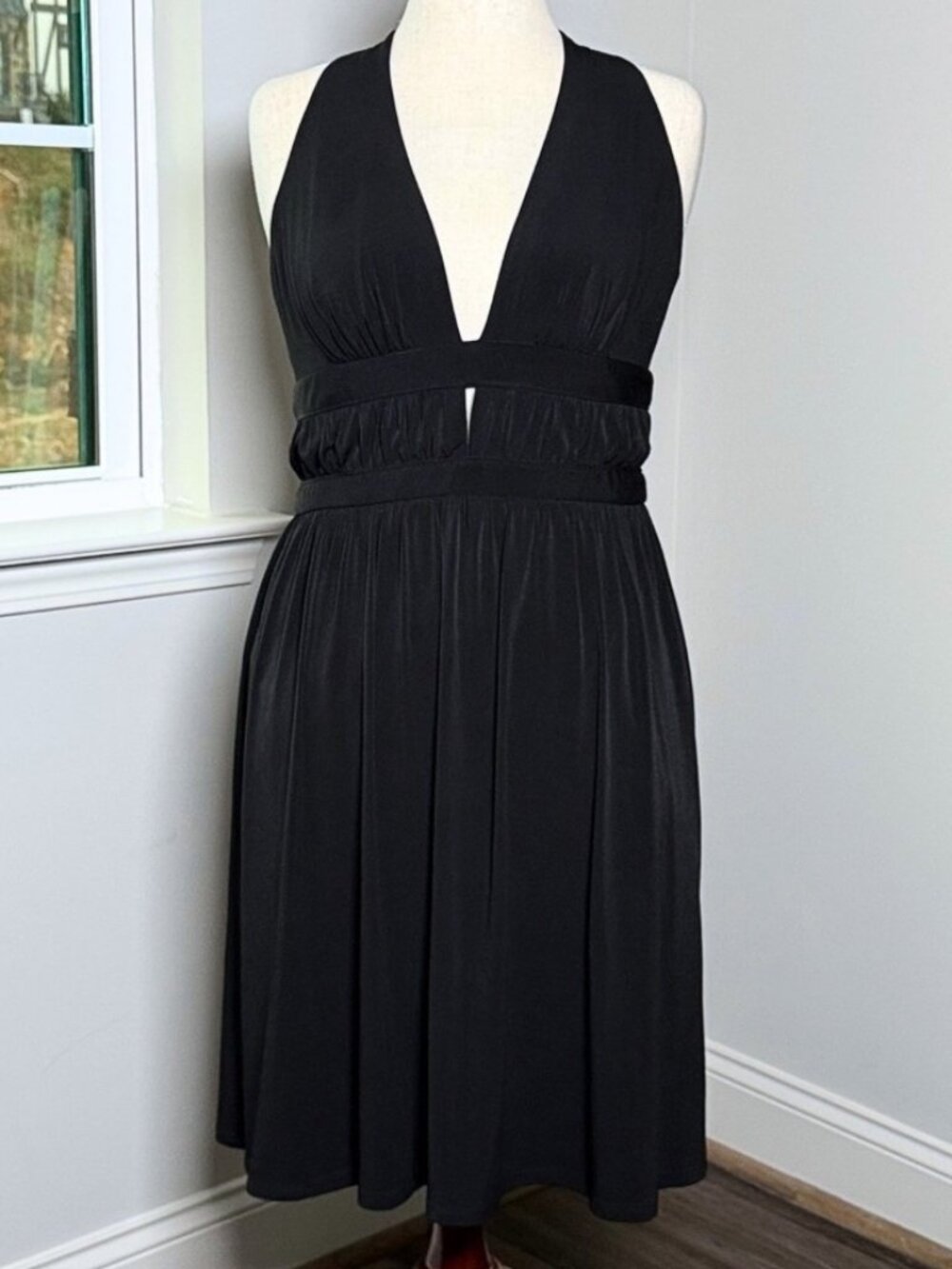 NWT Vintage Y2K Black Halter Dress Large Plunging V Neck Party Dressy Formal